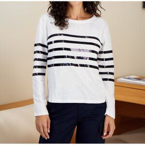 Nautica Jeans Womens Cotton Sequinned Stripe Top Bright White Size L Defected